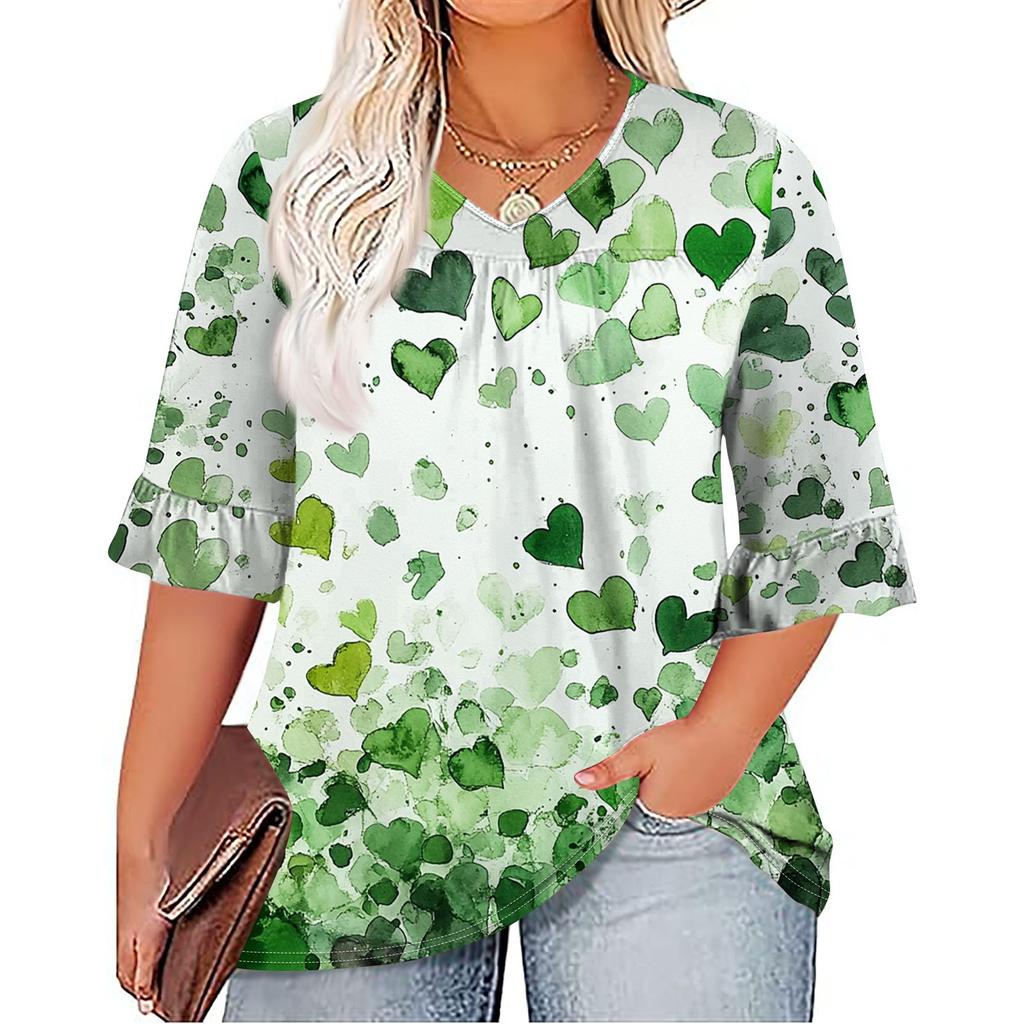 Women's Fashion Casual  Printed V-Neck Pleated Seven Minute Sleeve Ruffle Sleeve T-Shirt Plus Size Tops