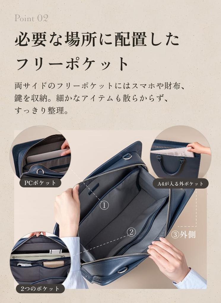 [LIB] Business Bag (Full Opening), Water-Repellent Original Leather, Genuine Cowhide Leather, Unisex, Fits 14-inch PCs, Self-Standing, Double Zipper