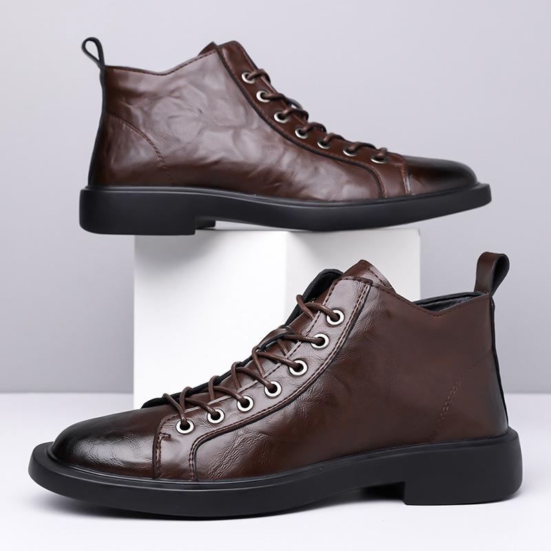 Men Leather Ankle Boots Lace Up Thick Sole Non Slip Casual Daily Fashion High Top Shoes