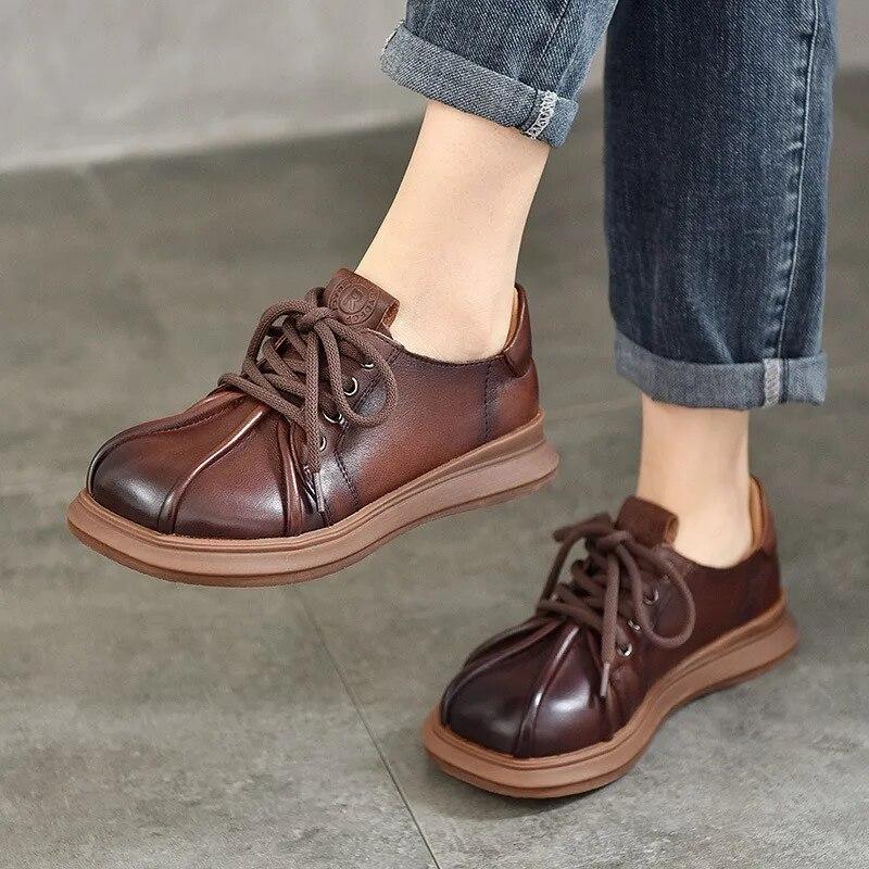Johnature Flache Retro-Schuhe aus echtem Leder mit runder Spitze, einfarbig, vielseitige Schnür-Damenschuhe