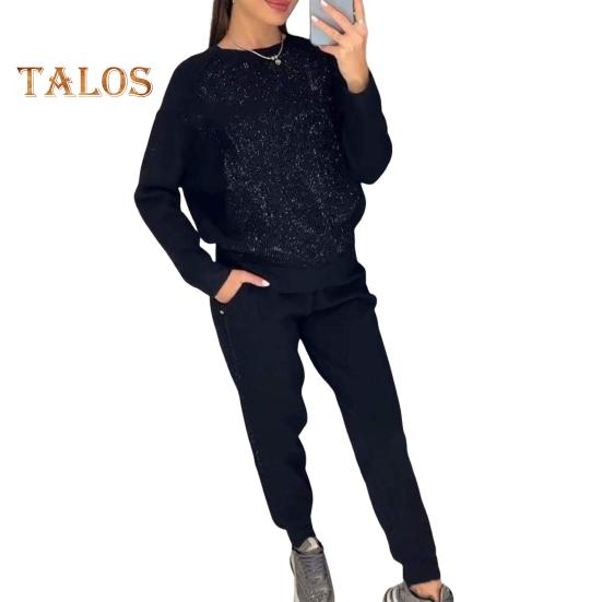 

2 шт./комплект женский топ брюки костюм со стразами декор О-образный вырез длинные рукава пэчворк спортивный свитшот эластичный пояс брюки фитнес-наряд осень весна S чёрный