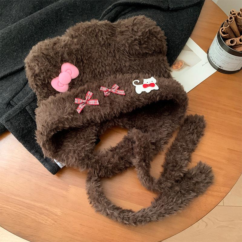 

Милые кошачьи ушки медвежонка бантик плюшевая шапка осень и зима теплая защита ушей шапка Лей Фэн показывает лицо маленькая шапка M（56-58cm）