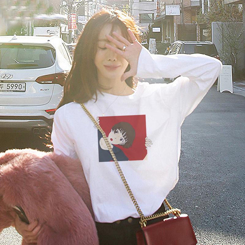 

Разнообразие вариантов. Новая осенняя корейская версия новой футболки с длинными рукавами для женщин, базовая рубашка, свободные студенческие топы для женщин 2XL