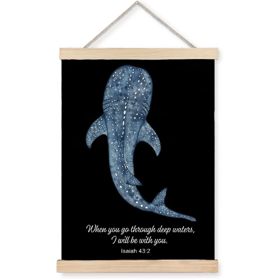 JINYO Whale Shark Christian Wall Art Poster, Bible Verses Wall Decor, Isaiah 43:2 Bible Scripture Canvas Prints Wall Decor for Bedroom Living Room
