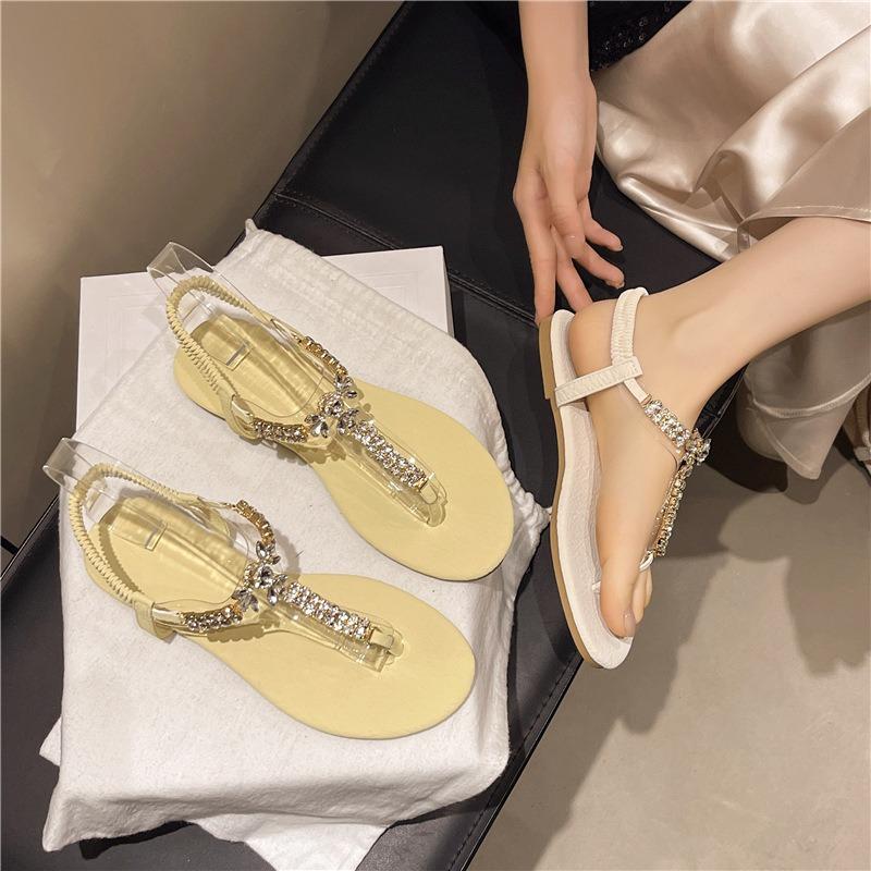 Fashion Fashion Women Sandals Summer Pinch Toe Casual Flat Sandals Luxury Rhinestone Fairy Style Sandals for Women Roman Beach Sandalias