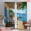 2pcs 2D Flat Printing Curtains Bright Mediterranean Landscape with Red Flowers and Blue Water Versatile Fabric Without