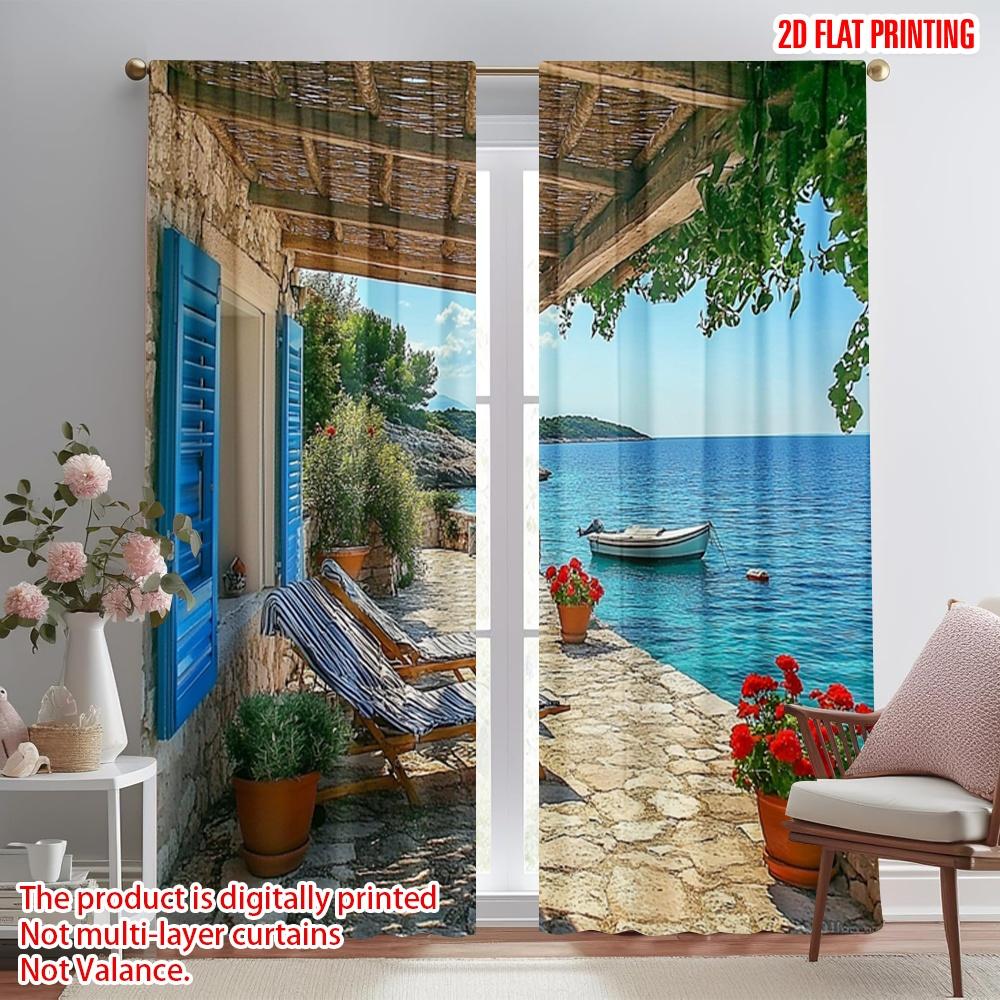 

Flat Printing Curtains Bright Mediterranean Landscape Red Flowers Blue Water Versatile Fabric Without Set Of 2 Made Polyester W100*H70(CM)-Rod Pocket&2PCS