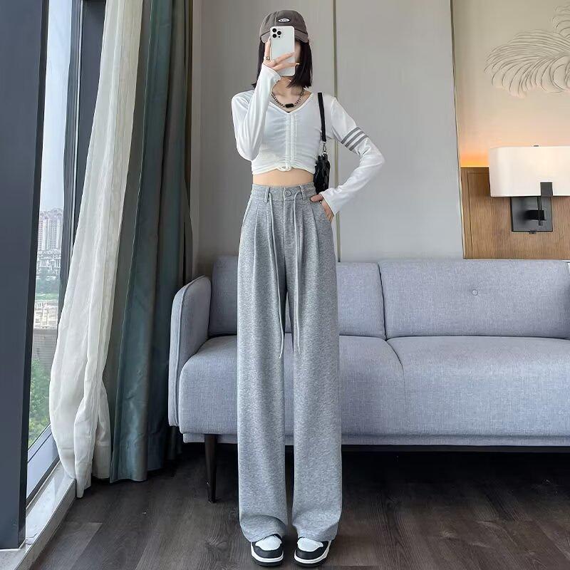 Women's Gray High-Waisted Wide-Leg Sweatpants - Casual Drawstring Fit for Autumn and Winter