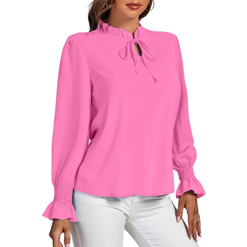 Damen Rüschen Stehkragen Selbstbinde Plissee Spitze Langarm Elegant Hemd Top