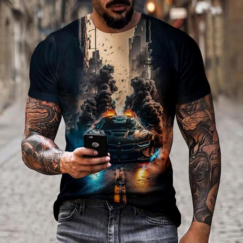 Men's Car Pattern T-shirt 3D Printed Round Neck T-shirt Casual Loose Men Quick Drying Breathable Comfortable