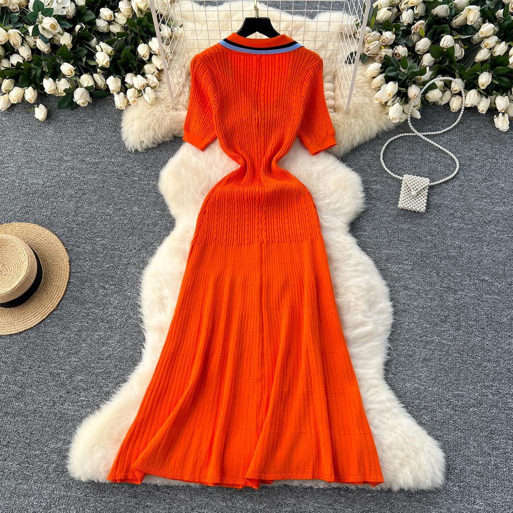 Summer Women Elegant V-neck Designer Embroidery Letter Knitted Sweater Single Breasted Long Midi Dresses