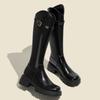 Women's Knee High Boots Fashion V-mouth Knight Booties Square Heels Belt Buckle High-heeled Winter Warm Short Plush Women Shoes