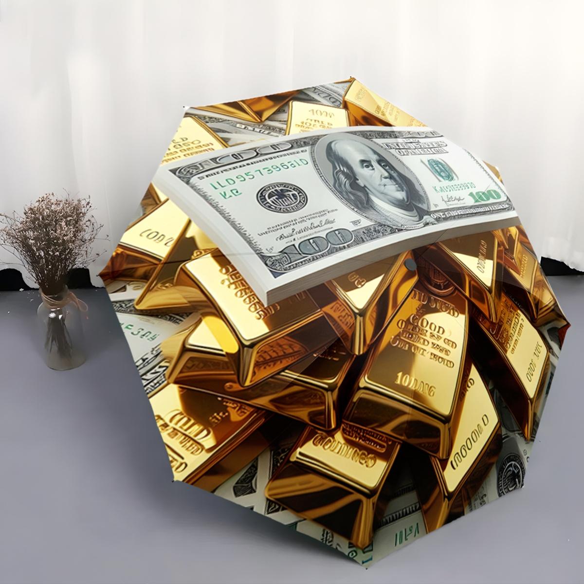 

An Automatic Umbrella That Opens And Closes, Featuring Golden Bars And US Dollar Bills in a Shiny, Luxurious Design That Symbo