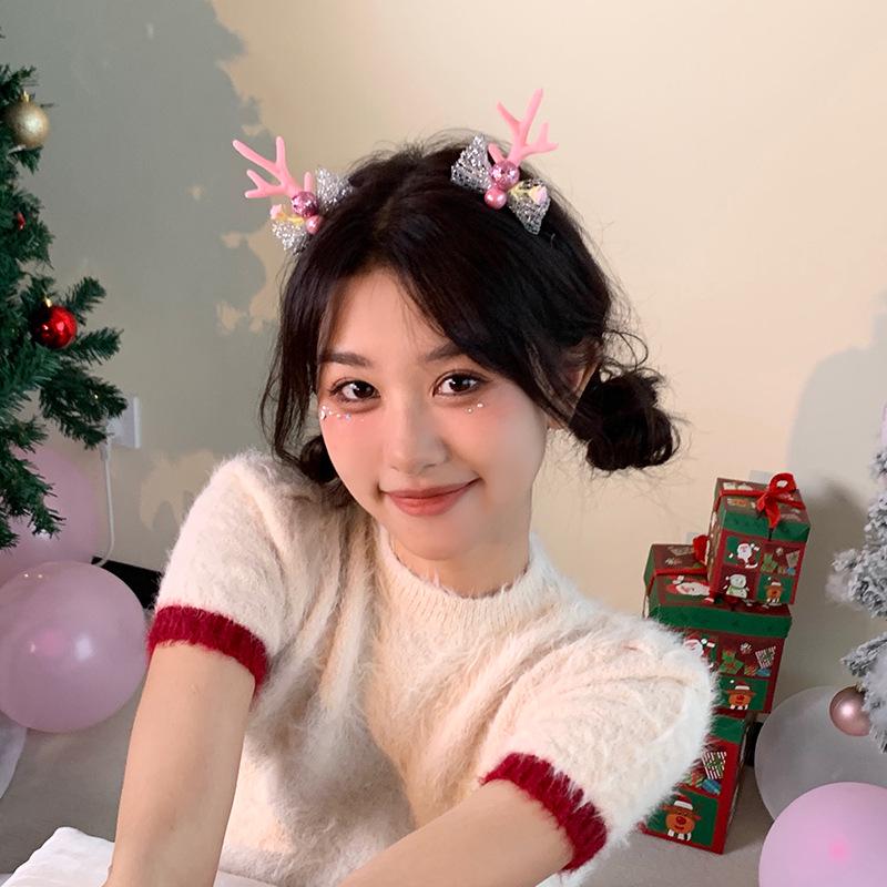 

Pink Glitter Bow Antler Hair Clip - Christmas Reindeer Costume Hairpin for Parties One Size