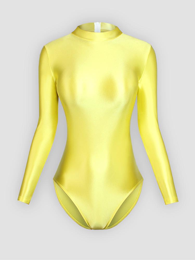 Solid Color High-Cut Rhythmic Gymnastics Leotard Ballet Dancewear - Women's Silky Luster One-Piece Swimsuit Base T-Shirt