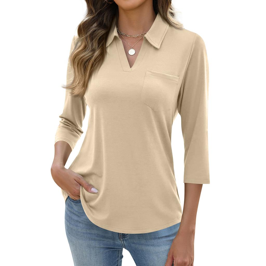 Women's Fashion Casual Lapel Short 3/4 Sleeve Color Shirt Women's Up Tops