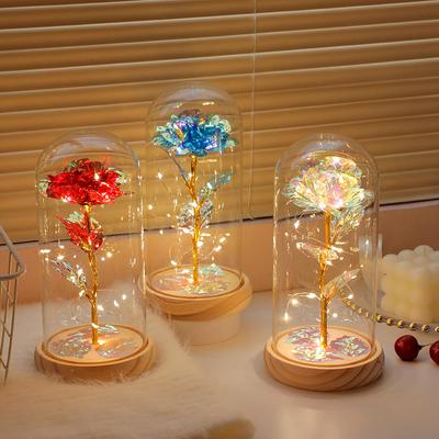 Flores de Rosa Artificial de Papel de Aluminio con Cubierta de Cristal Regalo de Navidad Día de San Valentín para Novia Rosa Eterna Luz LED Decoración de Boda
