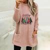 Women's Christmas Print Round Neck Long Sleeve Plush Hoodie with Pockets