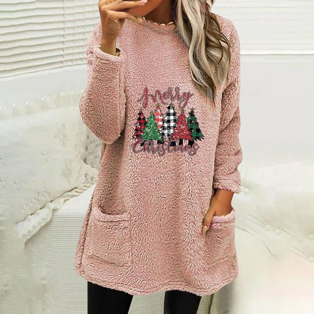 Women's Christmas Print Round Neck Long Sleeve Plush Hoodie with Pockets