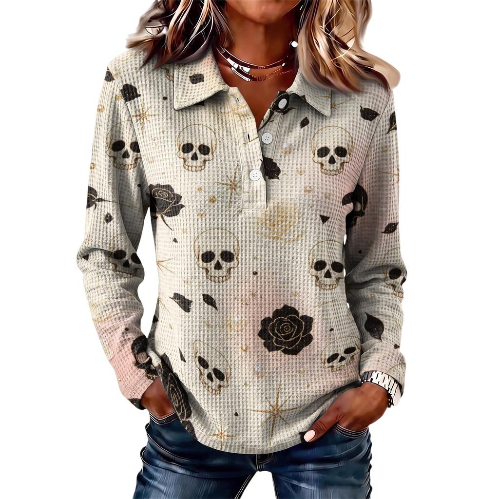 Women's Casual Long Sleeve Knit Top with Halloween Print and Lapel Collar