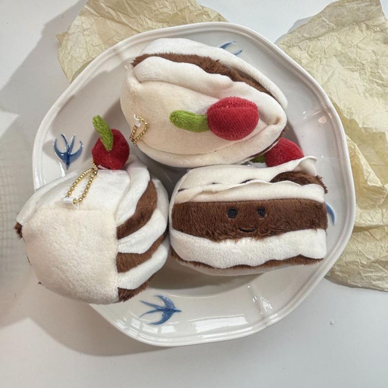 Cherry Chocolate Cake Plush Toy Keychain Cartoon Layer Cake Soft Stuffed Doll Pendant Car Key Ring Backpack Bag Decor Kid Gift