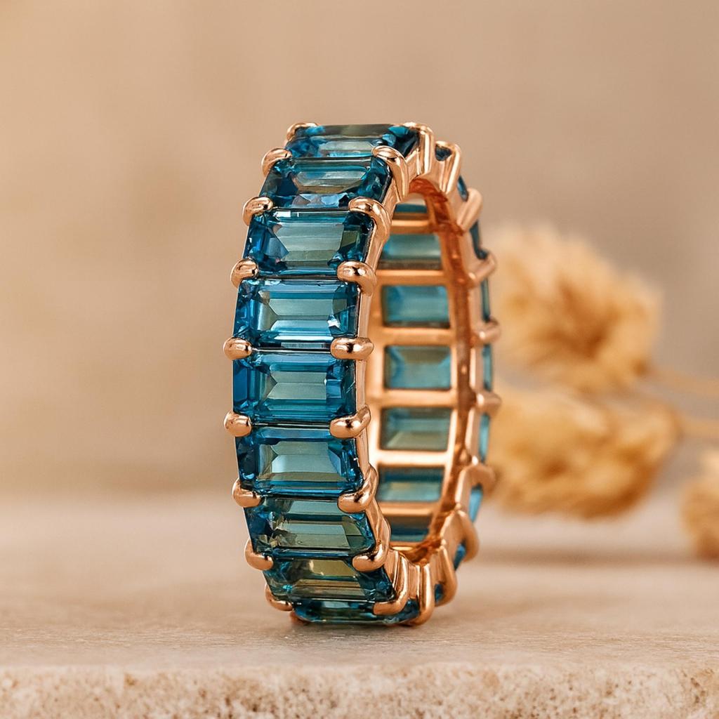 Baguette Cut Topaz Eternity Band Ring – Rose Gold Plated 925 Sterling Silver Stackable Wedding Anniversary Ring - Art Deco Jewelry Gift for her