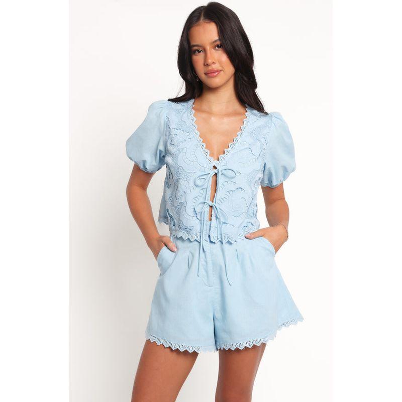 

European and American Women clothes New Elegant V-neck Lace-up Bow Puff sleeve Top Leisure Shorts Set Blue XL