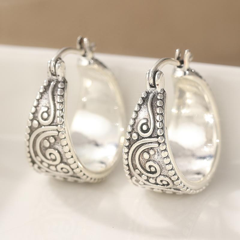 

Винтажные посеребренные серьги-кольца из меди с ручной резьбой для женщин, изысканные аксессуары для праздничной вечеринки