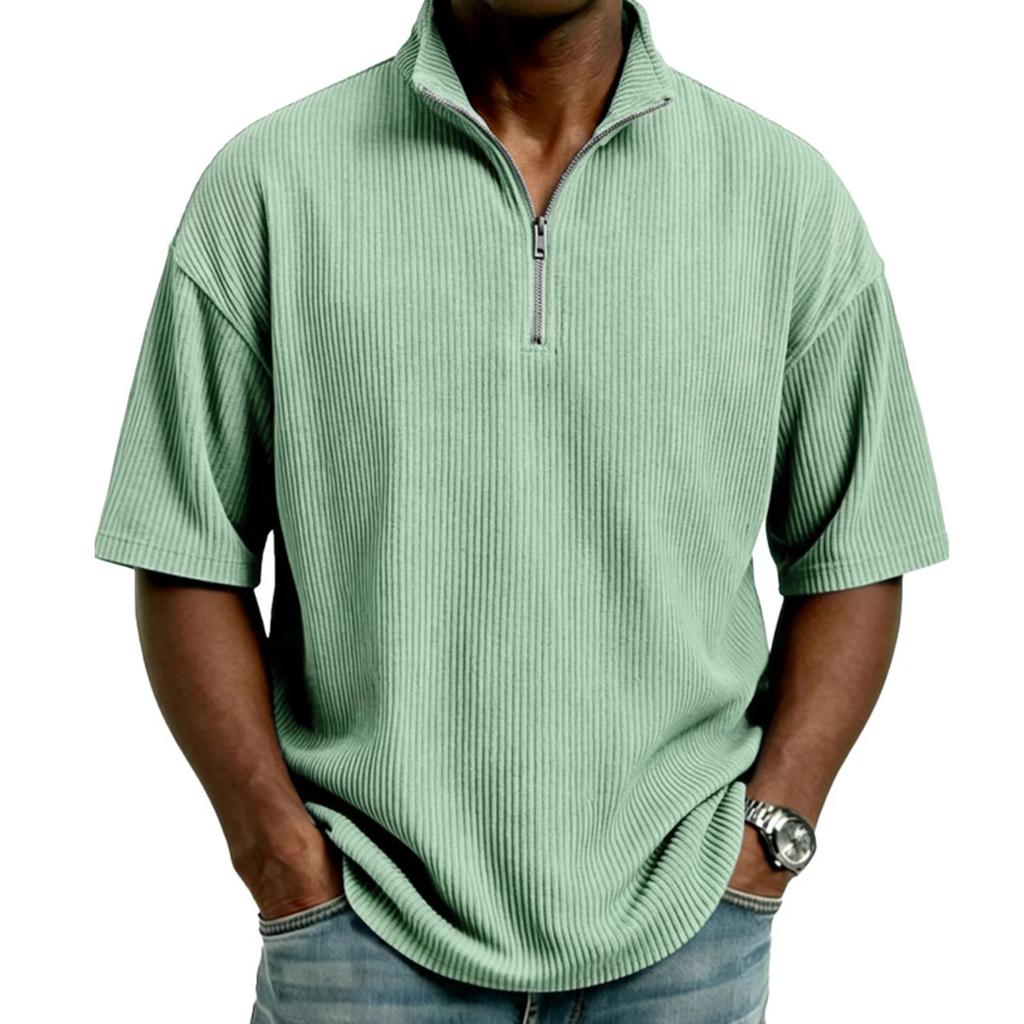 Men's Half,zip T,shirt, Corduroy Short,sleeved Shirt, Summer Loose Casual Color Top