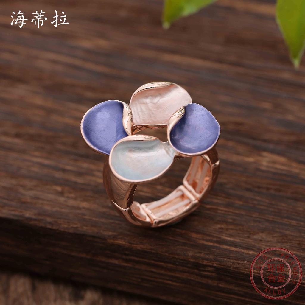 Luxury hot-selling enamel color petal alloy elastic ring, colored painting oil geometric petal women's small fresh ring
