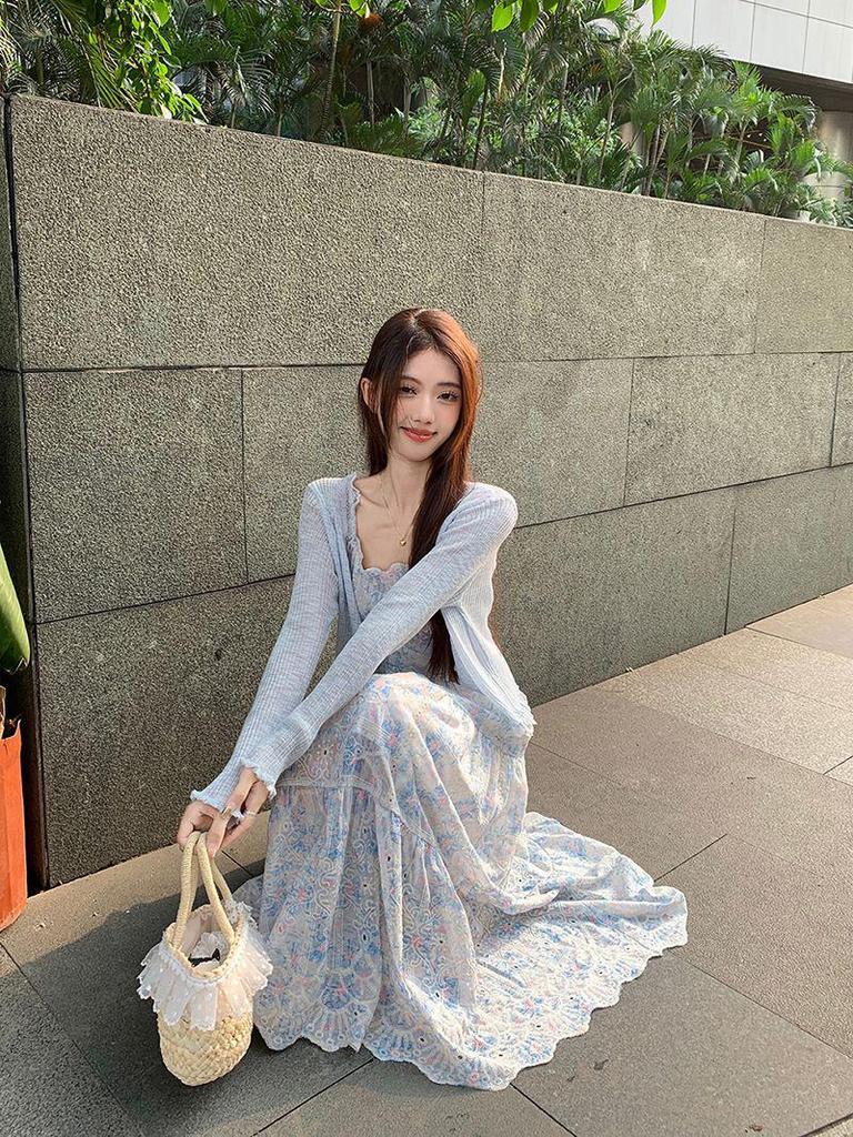 Dopamine Industry Floral Embroidery Camisole & Skirt Set with Cardigan - Women's Forest Style Two-Piece Dress