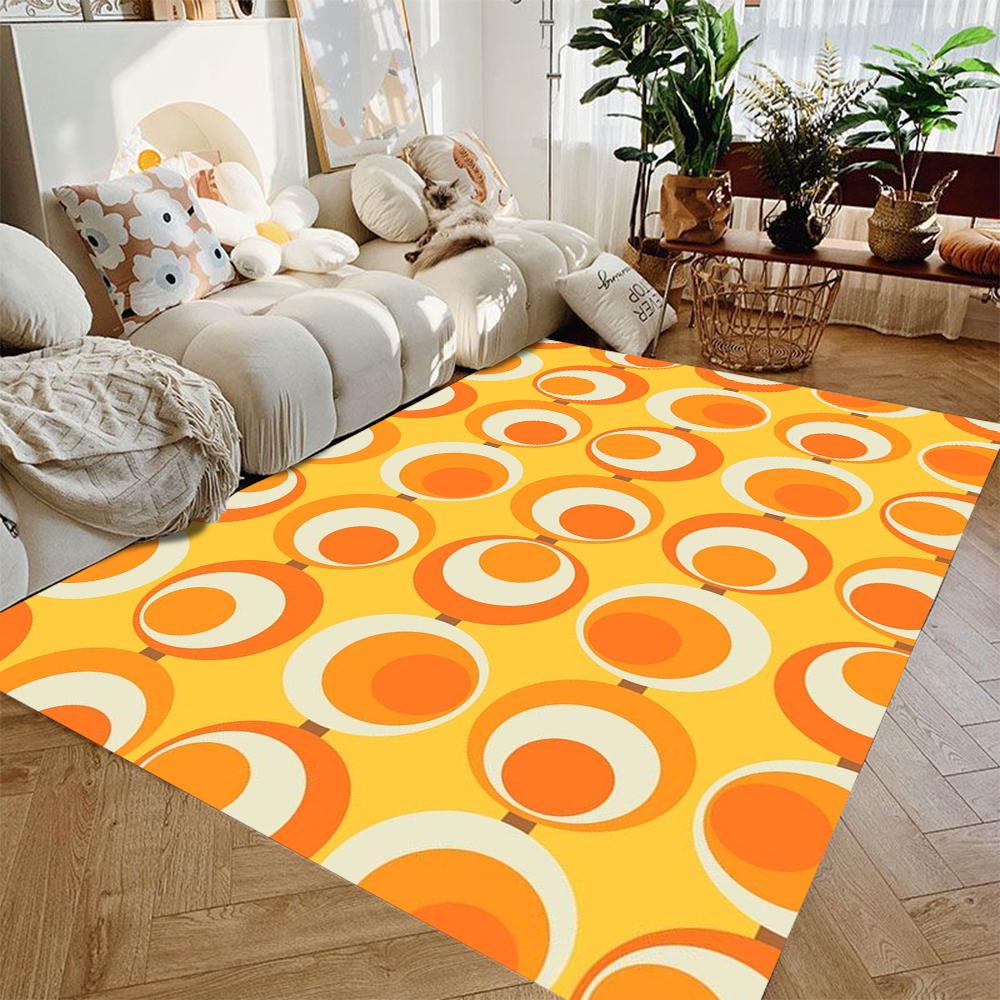 Vintage runder geometrischer Teppich in Orange Braun Weiß Weich Flauschig Große Größe Wohnzimmer Dekorteppich