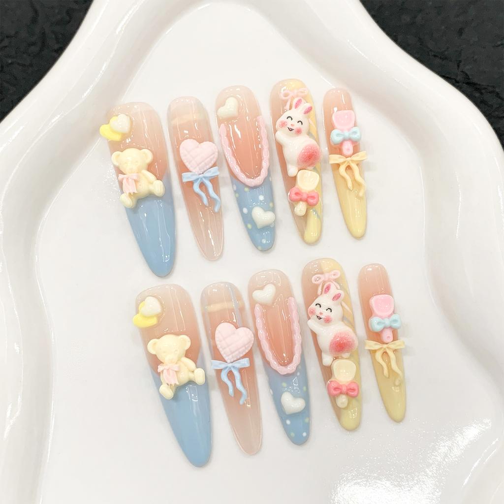 Pink Long Fake Nails with Blue Yellow Tip with Not Easy Break or Split Design for Shopping Traveling Dating