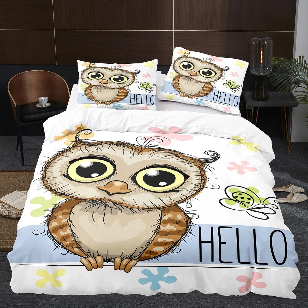 Owl Duvet Cover Set 3D Safari Wildlife Print Comforter Cover Bird Animal Personalized Nighthawk Queen Size Polyester Quilt Cover