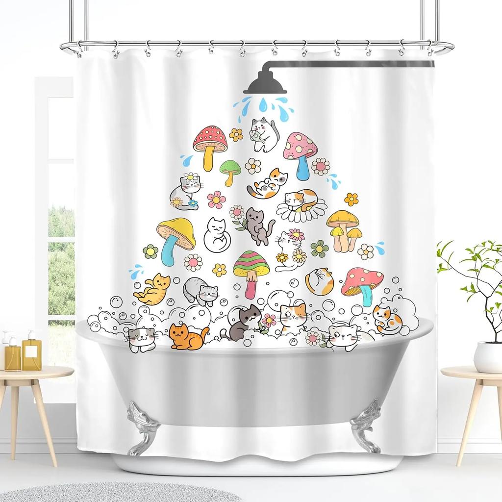 Lustiger Katze und Hund Duschvorhang Kinder Cartoon Niedliche Haustiere Badewanne Regenduschvorhänge Polyester Badezimmerdeko mit Haken