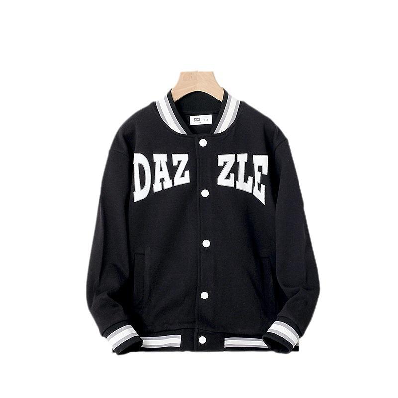Korean Style Kids' Letter Stand Collar Baseball Jackets for Spring & Autumn