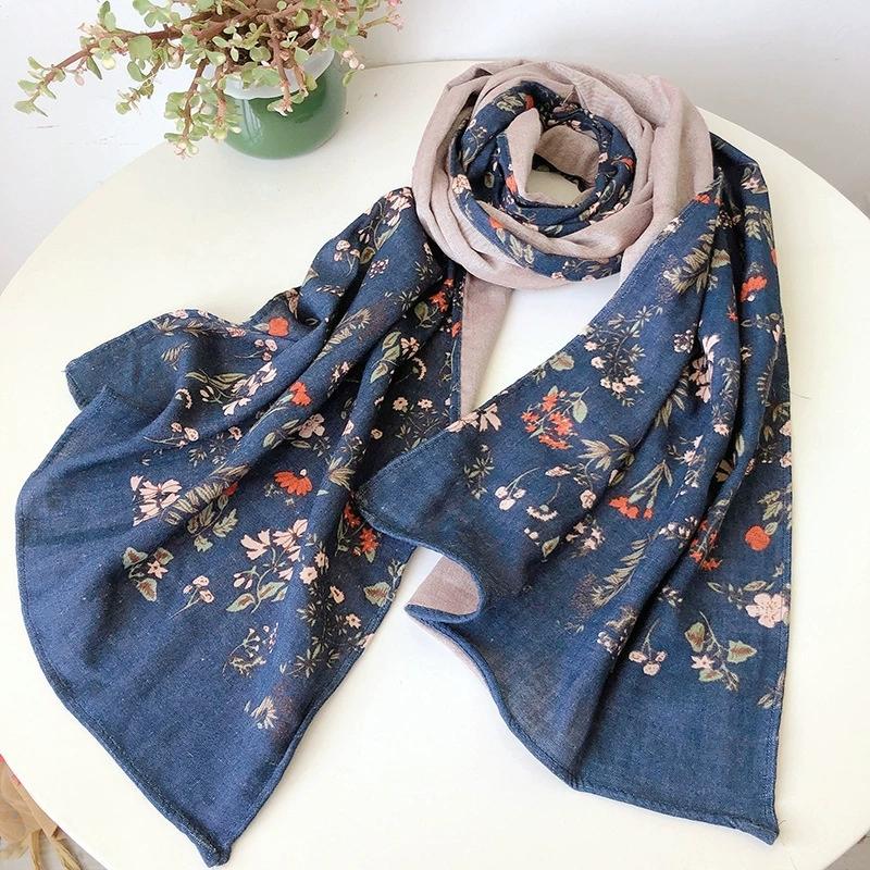 Retro Autumn & Winter Blue Warm Cotton Scarf For Women Versatile Floral Printed Shawl And Scraf 39X188CM