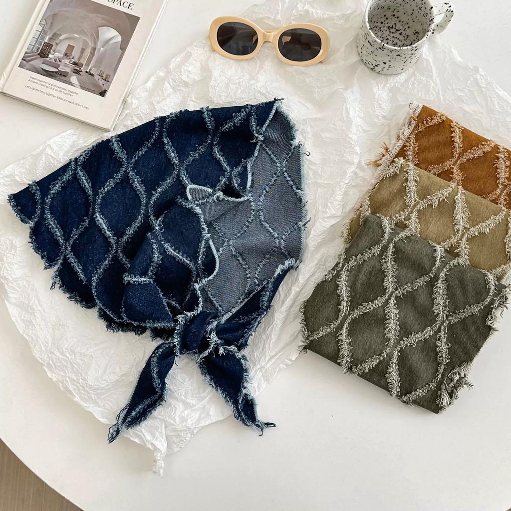 Women Retro Triangle Fringed Wrap Shawl Scarf Female Grain Textured Shawls Scarves Decorative Headscraves