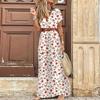 Floral Printed Belt V-neck Short Sleeve Women Long Dress Side Split Summer Lady Holiday Robe