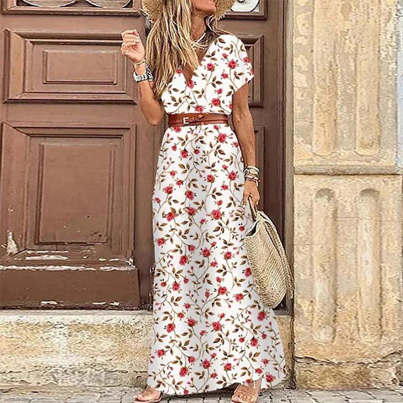 Floral Printed Belt V-neck Short Sleeve Women Long Dress Side Split Summer Lady Holiday Robe