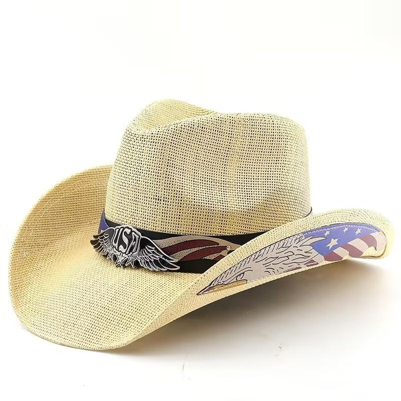 Popular American USA men's and women's stiff retro equestrian hats printed big eaves western cowboy straw hats