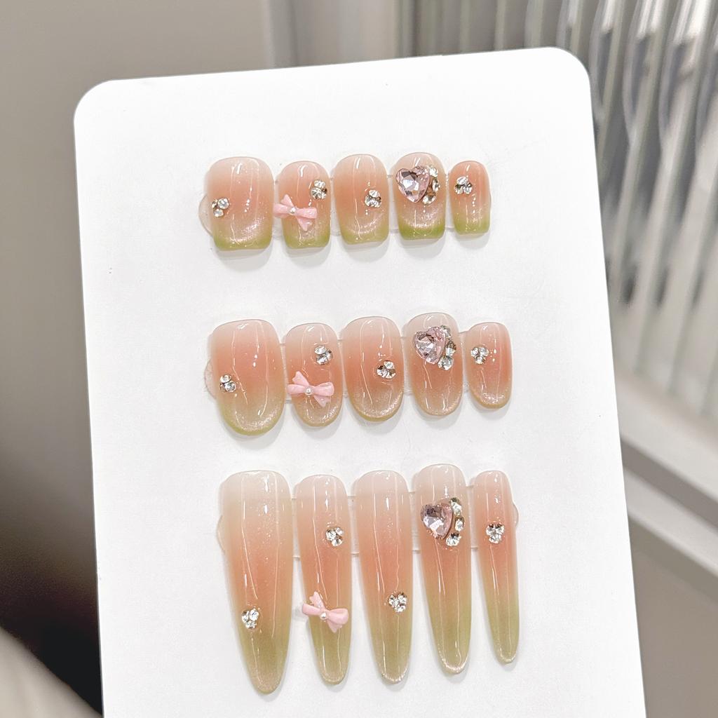 Handmade Y2K Short Green Press On Nails Reusable Acrylic Artificial Nail Tips Full Cover Nail Art
