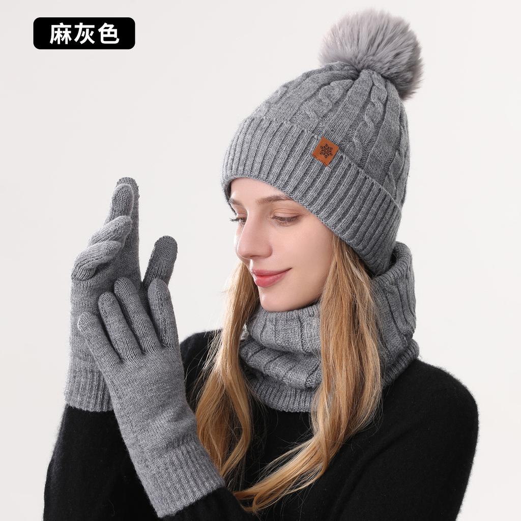 Winter knitted hat, gloves hat, scarf three-piece set, winter women's outdoor riding double-layer knitted hat