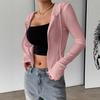 Módní dámská žebrovaná mikina s kapucí, Cropped top na zip s dlouhým rukávem, Univerzální ležérní top pro letní a jarní denní outfity