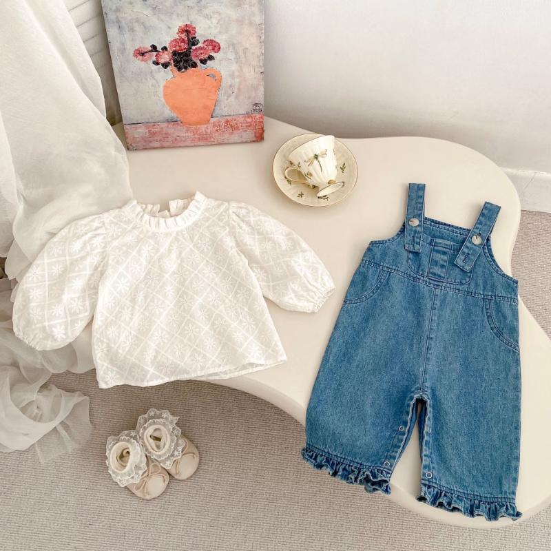 Kayoudo Toddler Girl Denim Overalls & Embroidered Top Set