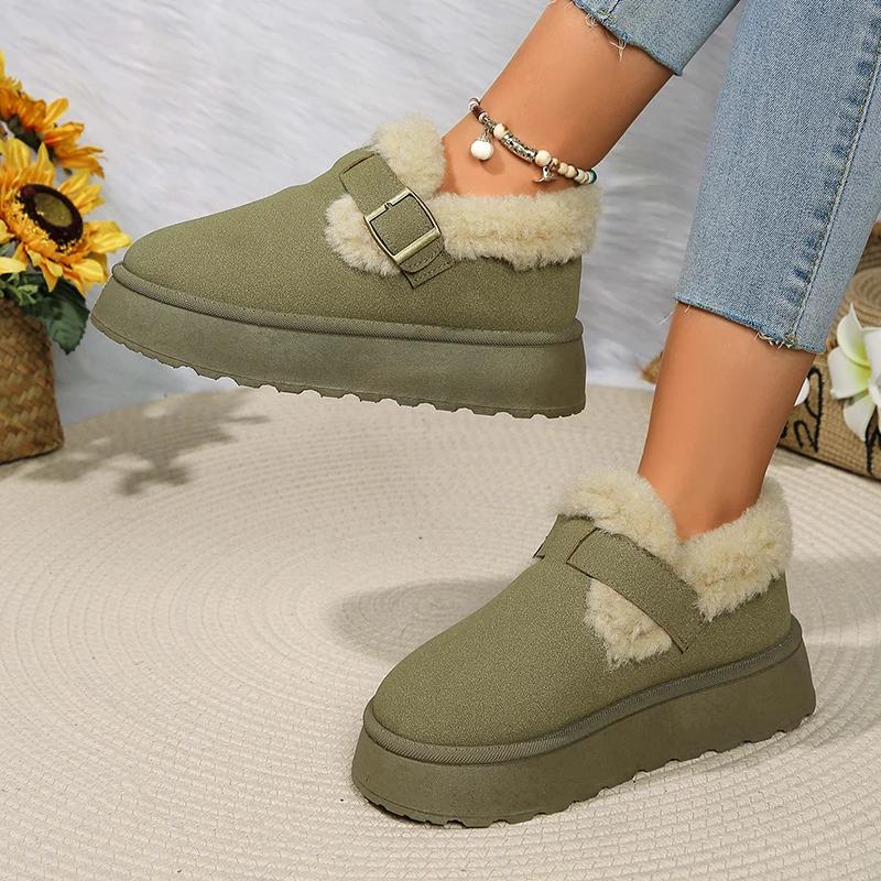 Autumn Winter Women Plush Snow Boots Shallow Buckle Thick Bottom Warm Boots Big Size 43 Suede Fur Flat Platform Cotton Shoes