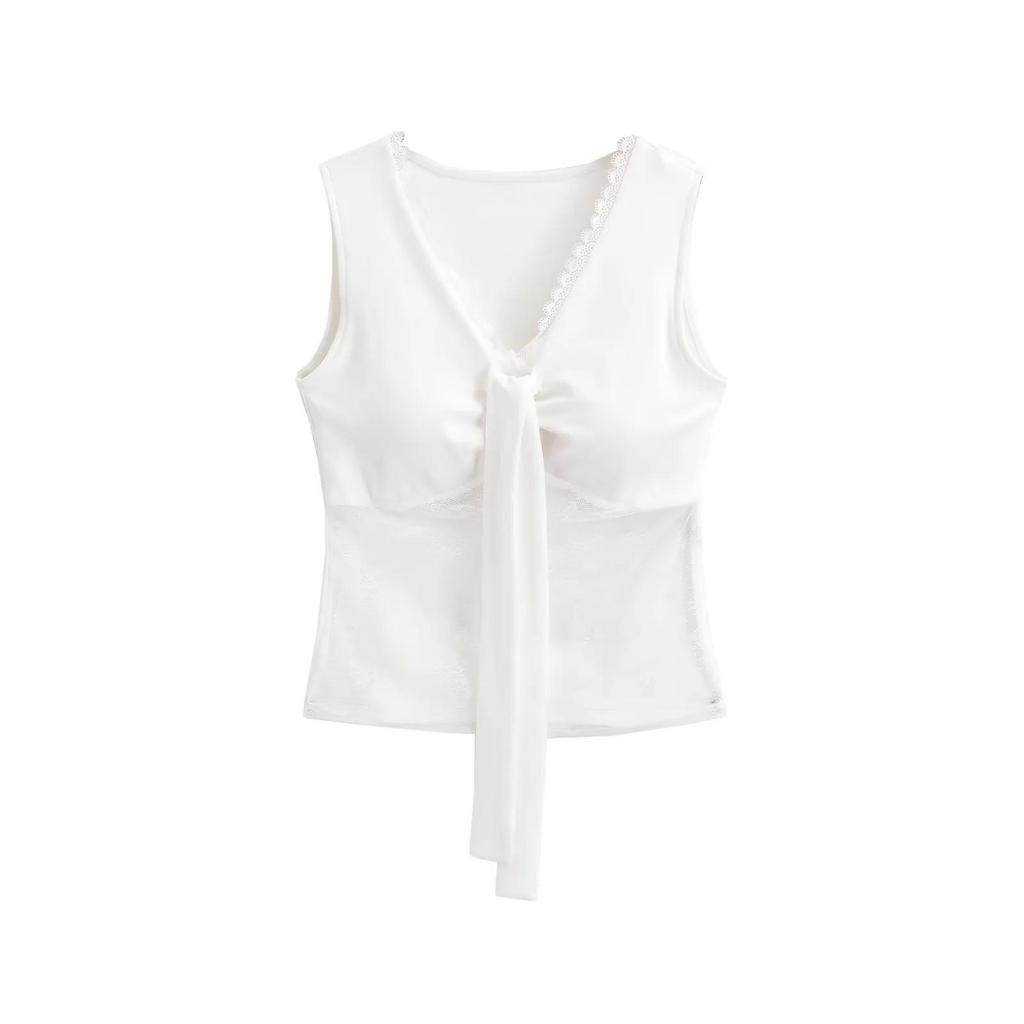 Women's V-Neck Lace Patchwork Tie-Up Cropped Tank Top