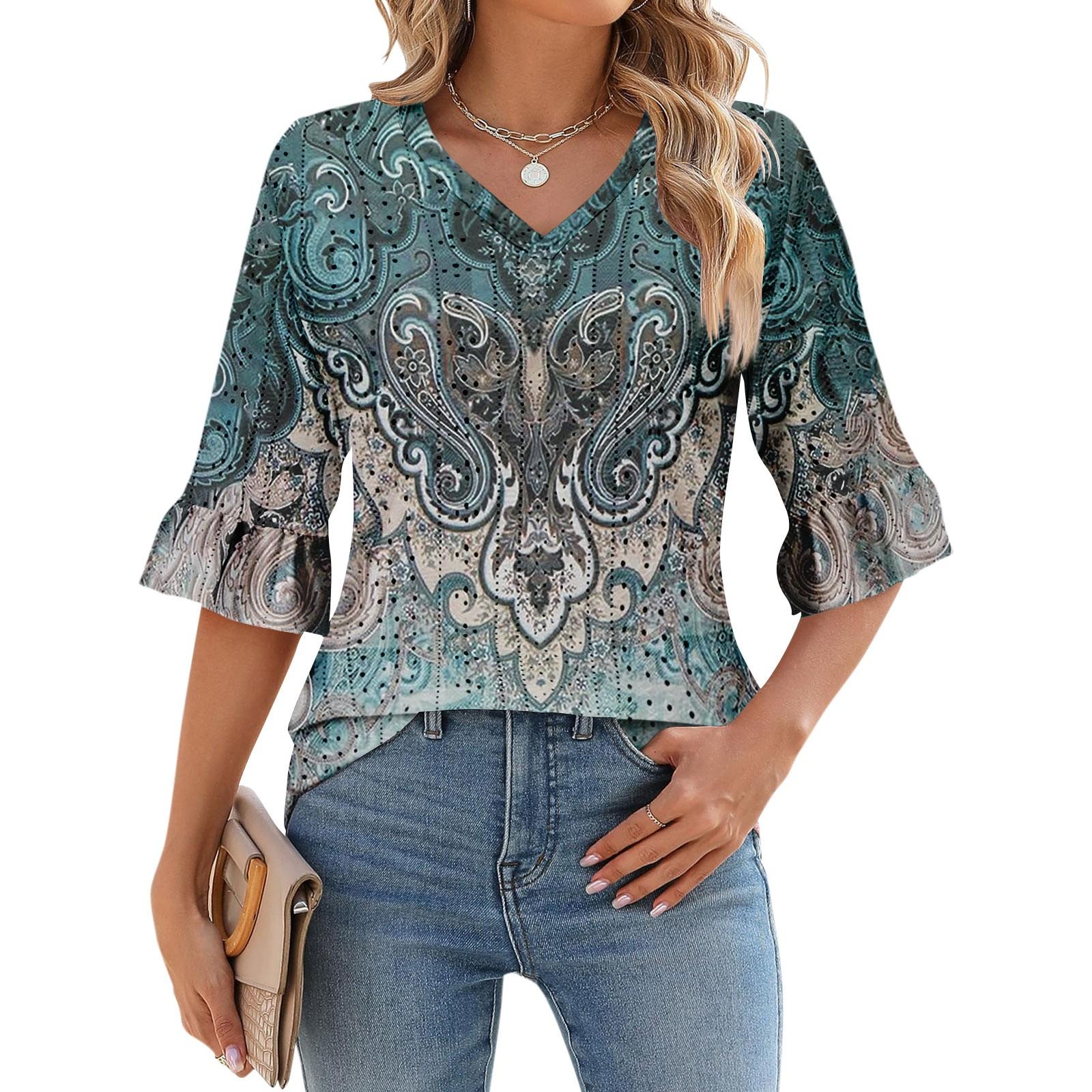 

Рубашки с рукавом 3/4 для женщин, свободная футболка с принтом, топы с v-образным вырезом и рюшами на рукавах XL