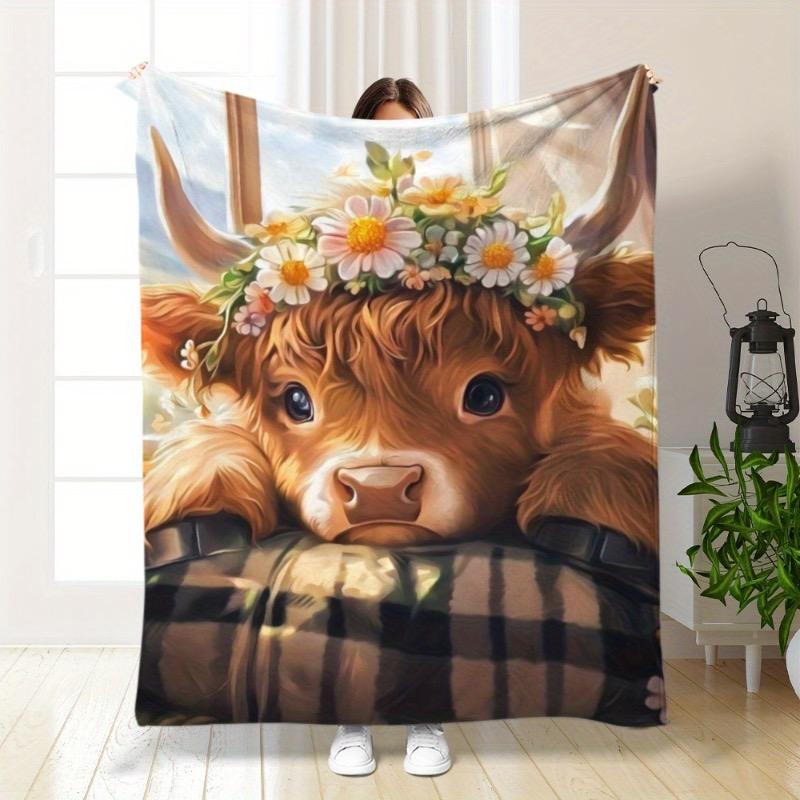 1-piece set cute highland cow with floral print versatile for multiple seasons suitable for sofas beds and cars