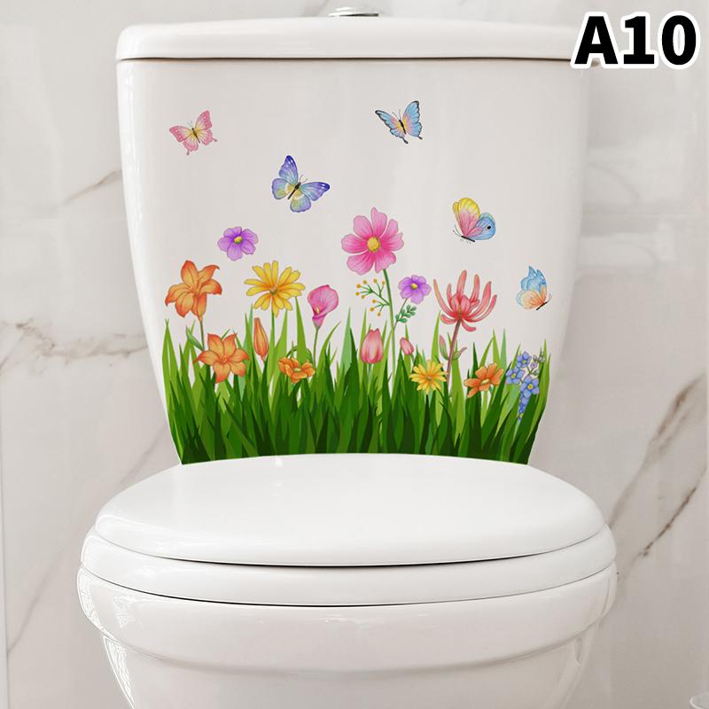 1Pcs Flower Floral Toilet Stickers Green Plant Leaves Wall Stickers Decoration Waterproof Self-Adhesive Decals Bathroom Sticker